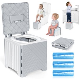 Orzbow Portable Potty for Toddler Travel, Foldable Car Potty with Storage Bag for Kids Boys Girls, 3-in-1 Potty Training Toilet, Potty Seat Chair, Step Stool, Includes Disposable Potty Bags, Grey