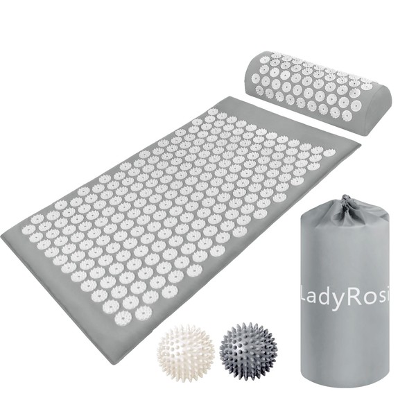 LadyRosian Acupressure Mat and Pillow Set with Oxford Bag, for Neck Back Pain, Muscle Relaxation Stress Relief, Relieve Sciatica and Pain Relief Set (Grey)