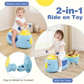 Costzon Toddler Ride On Toys, 2 in 1 Ride-On Scooter with Trailer, Light, Music & Under-Seat Storage, Foot-to-Floor Sliding Car, Kids Riding Toy for 1+ Year Old Boys & Girls (Blue)