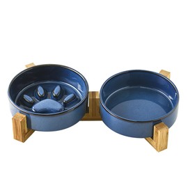 SOUJOY Ceramic Dog Bowl with Wood Stand, Non-Slip Pet Food and Water Bowl Set, Elevated Matte Glaze No Spill Cat Feeding Dish for Small, Medium, Large Sized Dog