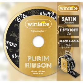 Purim Ribbon for Gift Wrapping - Satin Ribbon 1 1/2 Inch for All Happy Purim Boxes, Purim Gifts and Purim Gift Bags - 1 1/2 Inch x 10 Feet Ribbon for Mishloach Manot Boxes - Black & Gold