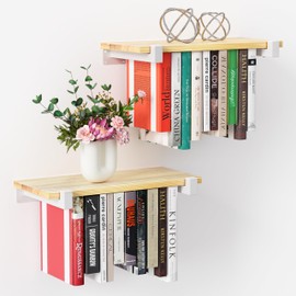 NANATI 2 Set of Floating Bookshelf with White Shelf Brackets, Pine Wood Invisible Bookshelf, Hanging Bookshelves for Wall, Unique Space Saving Wall Bookcase, White(16.5L×8.7W×1.5H)