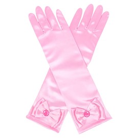 Girls Princess Long Gloves Fashionable Dress up Bow Gloves Solid Color Formal Gloves Children Wedding Gloves for Party Pink