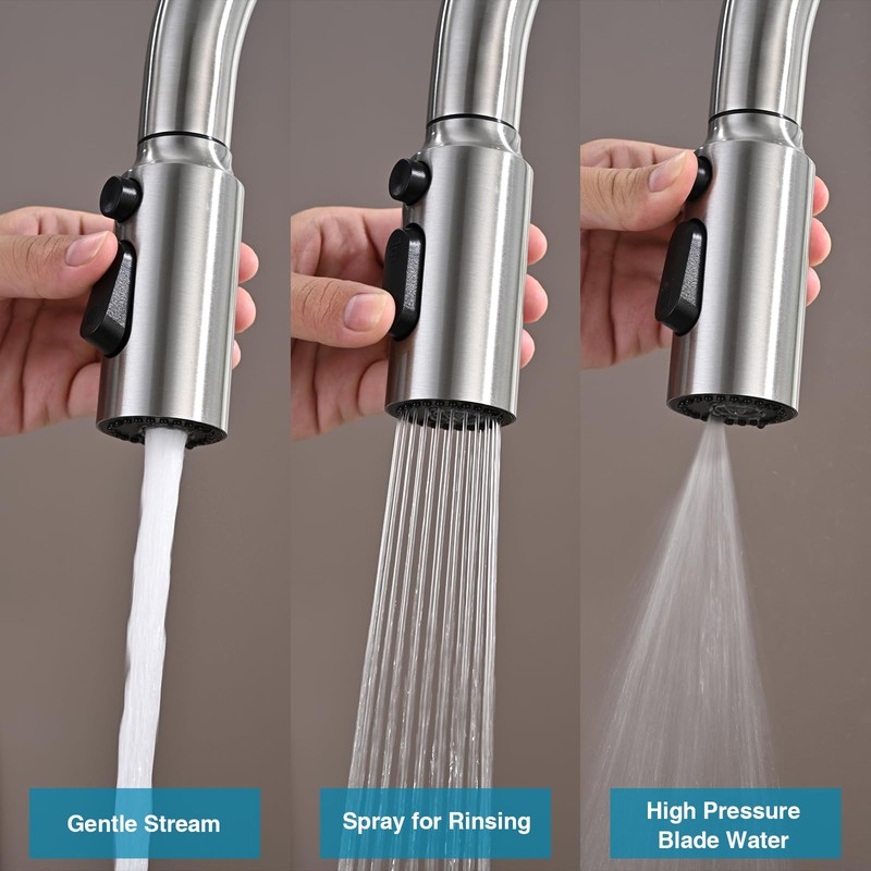 Metal Kitchen Faucet Head Replacement, 3-Function Pull Down Spray Head