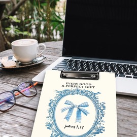 QLMX Blue Bow Christian Clipboard Folio with Storage, Bible Clipboard Folder, Coquette Christian Clipboards for Women Nurses Teachers Students, James 1:17 Bow Gifts Office School Supplies, 12.4x9.2In