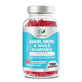 Hair, Skin & Nails Gummies 5000μg Biotin – 13 Vitamins & Minerals, Support Hair Growth, Radiant Skin & Strong Nails, Natural Raspberry Flavour, 150 Vegan Chewable Gummies for Men & Women