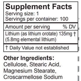 LifeLink Monolith (Lithium Orotate) | 135 mg x 100 tablets | Cognition