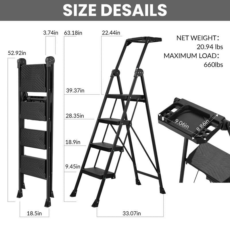 XinSunho 4 Step Ladder, Foldable Handrail & Tool Tray Stool