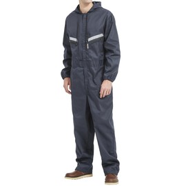 Yukirtiq Mens Work Coveralls Mechanic Hooded Overall Workwear Jumpsuits Long Sleeve Hi Viz Coverall with Zippers, Bluish Grey, L