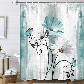 Rustic Farmhouse Shower Curtain, Farm Teal Daisy Floral Flowers and Butterfly on Country Wooden Shower Curtain for Bathroom, Turquoise Blue 72X72IN