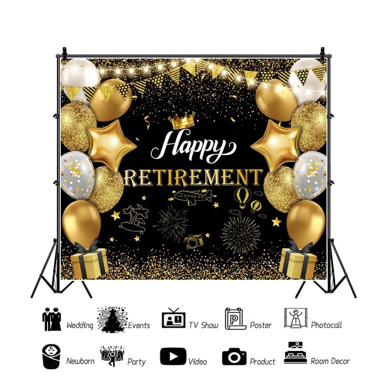 DORCEV 8x8ft Happy Retirement Photography Backdrop Black and Gold Retirement