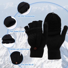 VEGCOO Women's Winter Warm Mittens with Cover Half Finger Knitted Mittens Convertible to Two Shapes, Black-1, One size