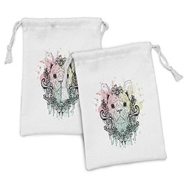Ambesonne Animal Fabric Pouch Set of 2, French Bulldog with Floral Wreath on Brushstroke Watercolor Print, Small Drawstring Bag for Toiletries Masks and Favors, 9" x 6", Pale Green Pale Pink