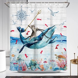 Coxila Funny Cat Shower Curtain Fun Kids Brave Cute Animal Riding Whale Shark Fish Nautical Hilarious Bathroom 60 x 72 Inch Polyester Fabric 12 Pack Hooks