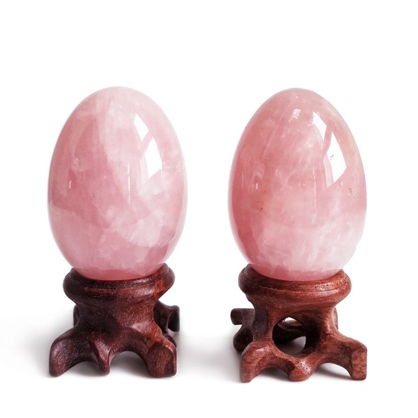 Polar Jade Set of 2 Rose Quartz Gemstone Egg Spheres with Wooden Stand for Healing Meditation Chakra Balancing and Home Decoration (Both L Sizes)