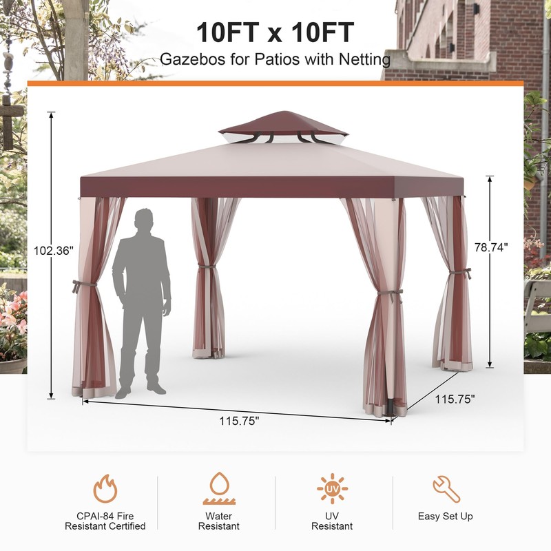 Patio Gazebo Tent Outdoor Canopy Shelter 10'x10' with Removable Netting,100
