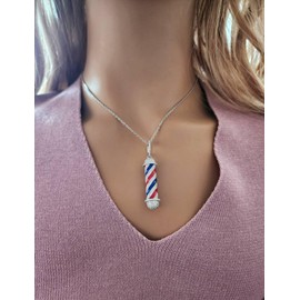 Barber Shop Pole Pendant 925 Sterling Silver Cubic Zirconia/Real Silver/Hair Dresser Jewelry/Hair Cutter Pendant/Gift for Her (White Sterling Silver)