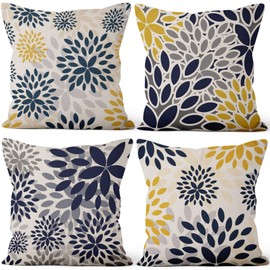Yeele 18x18inches Throw Pillow Covers Set of 4 Navy Blue Gold Oversized Flower Geometry Square Pillow Cushion Cases Yellow and Gray Floral Modern Decorative Pillow Covers for Couch Sofa Bedroom Car