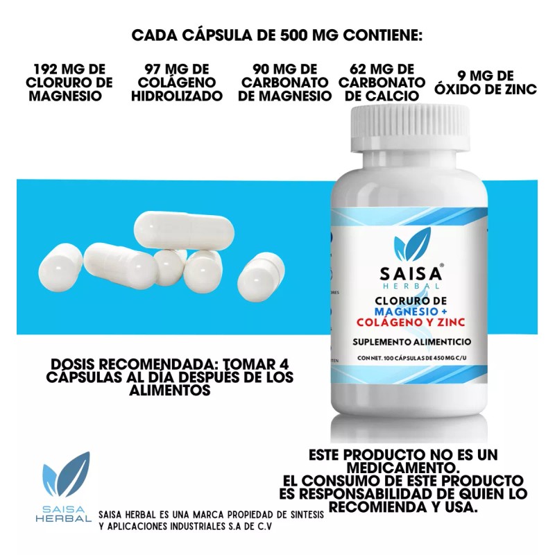 Saisa Herbal Cloruro De Magnesio + Colágeno 100 Cápsulas. Sabor