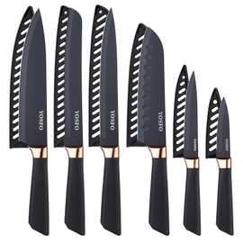 Stainless Steel Chef Knife Set, 6 Piece - Includes 8" Chef, 8" Bread, 7" Santoku, 5" Utility, 8" Carving & 3.5" Paring Knives (Black)