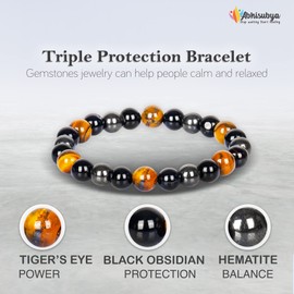 ABHISUBYA Triple Protection Bracelet - For Protection - Bring Luck And Prosperity - Hematite - Black Obsidian - Tiger Eye - Stone Bracelets