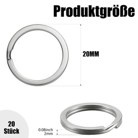 YOGAZEN Pack of 20 304 Stainless Steel Key Rings, Diameter 20 mm, Flat Key Ring, Suitable for All Types of Keys, DIY, Crafts (Stainless Steel Primary Colour)