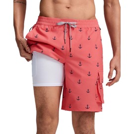 MaaMgic Mens Swim Trunks 9'' Compression Liner 2 in 1 Cargo Shorts Quick Dry Bathing Suit with Pockets,Pink Anchor,Large