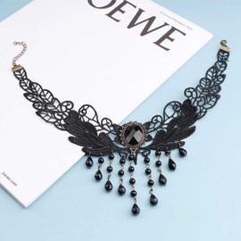 Inilbran Boho Lace Chain Necklace Black Fringe Crystal Necklace Choker Gothic Drape Crystal Lace Choker Necklace Vintage CZ Water Drop Necklace Chain Jewellery for Women and Girls