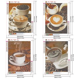 DCIDBEI 4 Pack Diamond Painting Pictures Coffee Painting by Numbers Coffee Rhinestone Embroidery Cross Stitch Diamond Painting Coffee Diamond Painting Coffee Stones Pictures Glue Adult Coffee