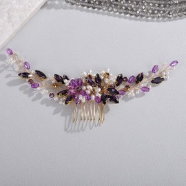Wekicici Purple Rhinestone Pearl Headband Crystal Pearl Wedding Hair Comb Bridal Flower Headpiece for Bride Wedding Hair Acceessories for Women Crystal Hair Piece(Purple)