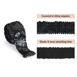 Elastic Sequin Trim, 3 Inch 8 Row Wide Flat Glitter Bling Fabric Paillette Sequin Ribbon, Metallic Stretch Sequin Strip Sewing DIY Embellishment, 5.5 Yards, Black