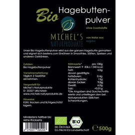 MICHELS NATURPRODUKTE Michels Naturprodukte BIO Hagebuttenpulver (Rosa Canina), 1kg (2x500g) - Mikrofein gemahlen aus ganzen Hagebutten, 100% naturreines Hagebutten Pulver, Ohne Zusatzstoffe, Vegan