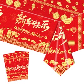 Chinese New Year Tablecloth Party Plastic Spring Festival Tablecloths,2pcs 137 * 274cm Happy New Year Party Dinner Tablecover Red Blessing Table Cloth Party for New Year 2025 Chinese Party Decorations