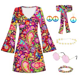 Vuemhjaey 70s Clothing Women's Dress Set, 60s Costume Women, 70s Costume Women's Fancy Dress Costume Dress, Hippie Clothing Women's Costume for Carnival Party (Style 01, XL)