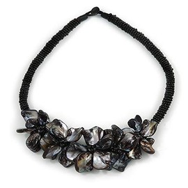 Avalaya Black Glass Bead with Black Shell Floral Motif Necklace/ 48cm Long
