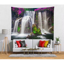 BELECO Waterfall Landscape Tapestry Forest Mountain Falls Lake Blooming Flowers Natural Scenery Photo Background Nature Tapestry for Aesthetic Bedroom Living Room Dorm Decor 60x40 Inches