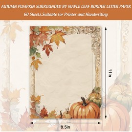60 Sheets Fall Stationery Letterhead Paper Vintage Pumpkin Maple Leaves Writing Letter Paper Notes for Autumn Thanksgiving Invitation Printing, 8.5 x 11 Inch, Single-Sided
