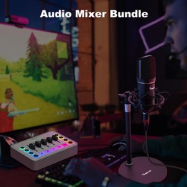Gaming Audio Mixer Bundle, RGB XLR Audio interface with 48V Condenser Microphone, 5-Channels, Volume Fader, Mute Button for Streaming,Recording,Podcast Equipment Bundle-White (H1)