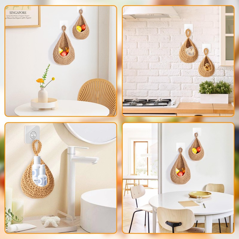 Pack of 2 Hanging Fruit Baskets, Braided Hanging Basket Kitchen