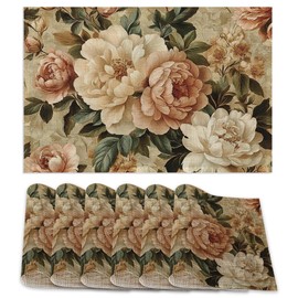 Vintage Rose Placemats Set of 6,Retro Flowers Table Mates Non-Slip Heat Resistant Washable Linen Place Mats for Party Kitchen Dining Decoration Indoor Outdoor 12"x18"