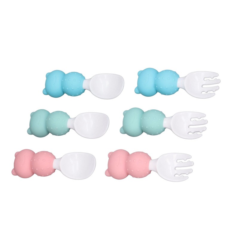 Baby Spoons Forks Set Short Handle Silicone Self Feeding Utensils