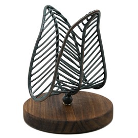 OwlGift Freestanding Modern Napkin Holder w/Golden Turquoise Wrought Iron Leaf & Brown Wooden Base Design, Tabletop Tissue Dispenser, Napkin Storage Organizer
