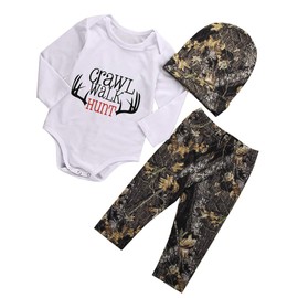 Gureui Newborn Baby Boy Clothes Long Sleeve Romper Onesie Camo Pants with Hat Infant Outfit (A White Crawl Walk Hunt, 6-9 Months)
