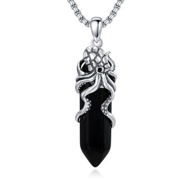 Lattd Octopus Necklace with Black Obsidian 925 Sterling Silver Octopus Pendant Jewelry for Men, w/Stainless Steel Chain 22''+2''