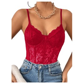 Milumia Women's Sexy Sheer Mesh Lace Bodysuit Spaghetti Strap Bustier Corset Tops Rave Party Club All Red X-Small