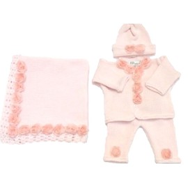 Bubu Knitted & Crochet Finished Pink Cotton Sweater Pant Hat with Roses Blanket. (0-6 mo)