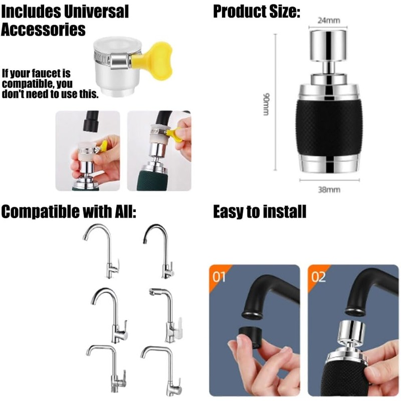 Splash Proof Booster Swivel Kitchen Filter Tap, Universal 360°Rotation Kitchen