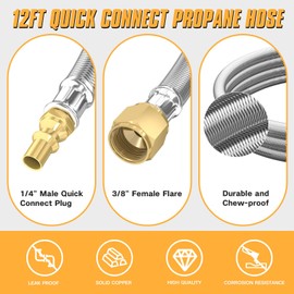 12FT RV Quick Connect Propane Hose with 1/4"Shutoff Valve, Propane Quick Connect Hose for RV to Gas Grill, Compatible with 1 LB Portable Appliance, for Blackstone Griddle, Weber Q, Coleman, heaters