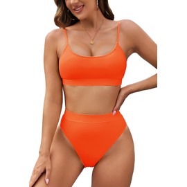 Pink Queen Women's Strap High Cut High Waisted Cheeky Bikini Set S Orange