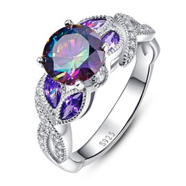 Yaresul 3.6ct Women's Round Created Rainbow Topaz Ring Bezel Setting Marquise Fashion Statement Ring 925 Sterling Silver Engagement Rings for Women Best Gift for Mother and Grandma Size 10